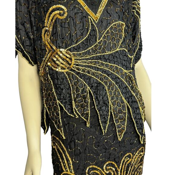 NWT Stunning Vintage silk sequenced beaded black, gold top, skirt set size large - Picture 7 of 17